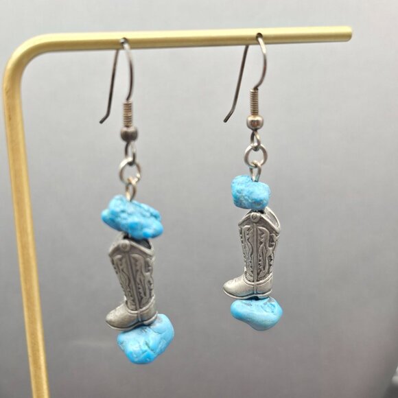 Western Boot Earrings | Faux Turquoise Dangle | Pewter Finish | 2.25" VTG - Picture 2 of 5